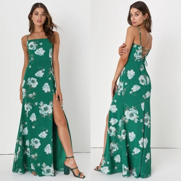 Lulus Dresses & Skirts - Lulus Feeling Elegant Green Floral Print Lace-Up Slit Maxi Dress S Wedding Party